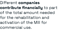 Different companies contribute financially to part of the total amount needed for the rehabilitation and activation of the Mill for commercial use.